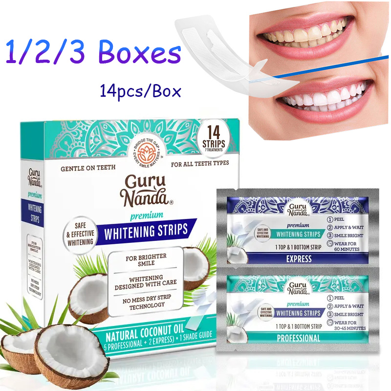 Teeth Whitening Strips - แผ่นฟอกฟันขาวน้ำมันมะพร้าว 14 ชิ้น/กล่อง, แผ่นฟอกฟันขาวสำหรับขจัดคราบจากควันบุหรี่และกาแฟ, ทำความสะอาดฟัน วีเนียร์