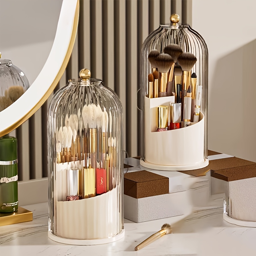 Beauty Makeup Tool Collection - ชุด 5 ชิ้น, ชั้นวางเก็บของกันฝุ่นแบบหมุนได้ 360 องศาพร้อมฝาปิดลายเส้นแนวตั้งแบบโปร่งใส,