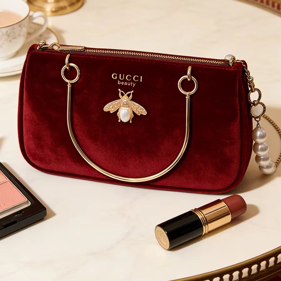 Ysl Beauty Makeup - กระเป๋าผู้หญิงของกุชชี่ ขนาดกลาง สีแดงไวน์ ผ้ากำมะหยี่ สายสะพายโซ่ กระเป๋าเครื่องสำอาง