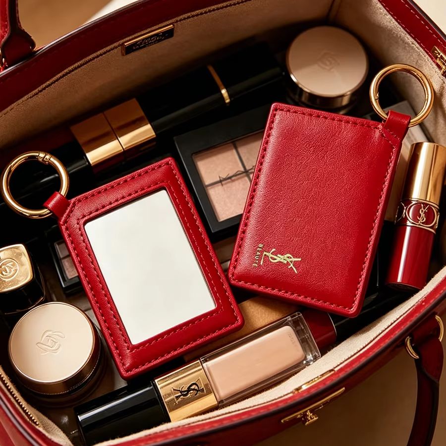 Ysl Beauty Makeup - กระจกแต่งหน้าแบบพกพา YSL สีแดง หนังแท้ ทรงสี่เหลี่ยม พร้อมพวงกุญแจโลหะ