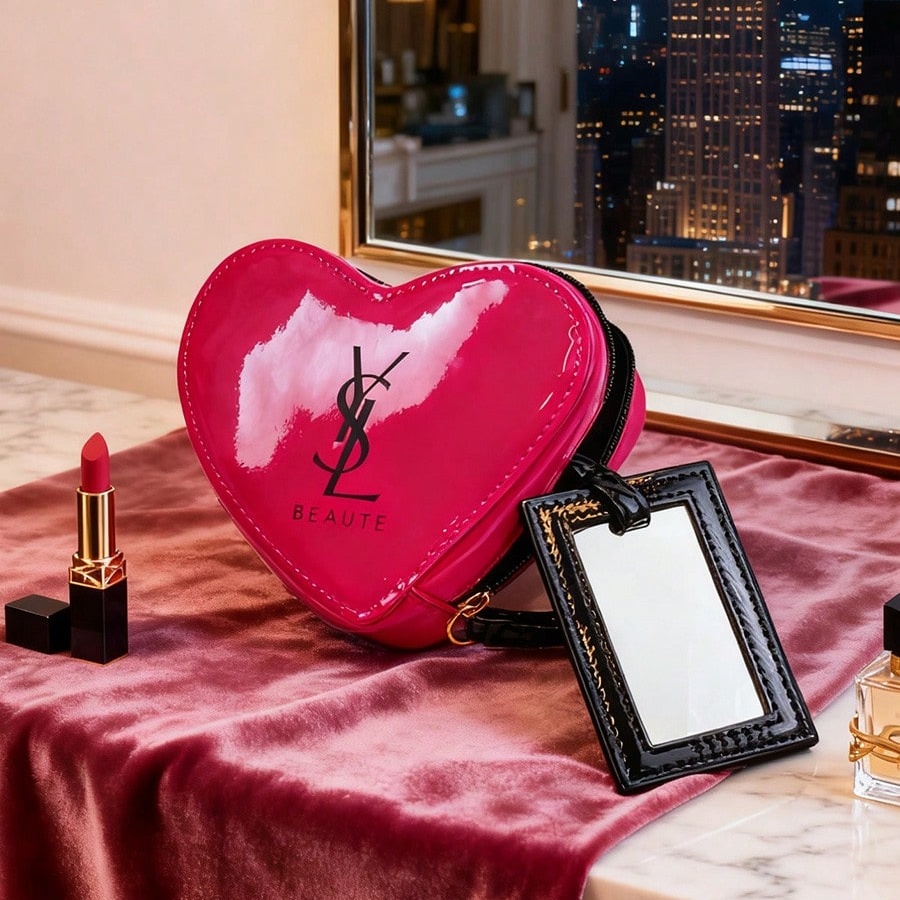 Ysl Beauty Makeup - กระเป๋าเครื่องสำอาง YSL สีชมพูอ่อนรูปหัวใจพร้อมกระจก น่ารัก พกพาสะดวก เหมาะสำหรับจัดเก็บเครื่องสำอาง